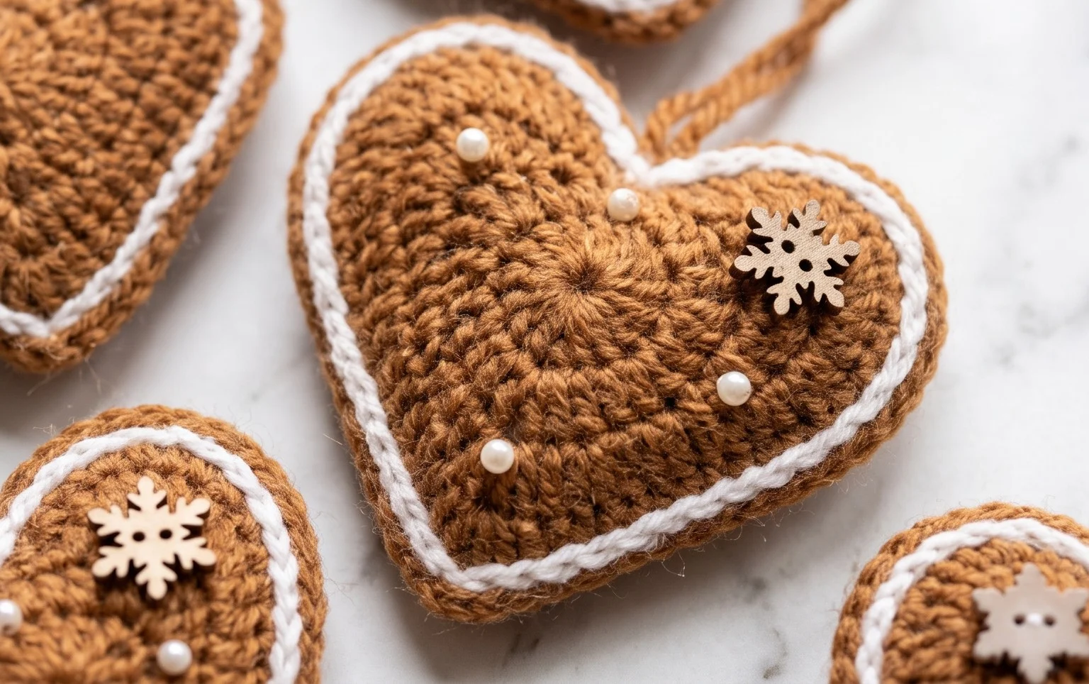 Crochet Gingerbread Heart Ornaments - GoldenLucyCrafts